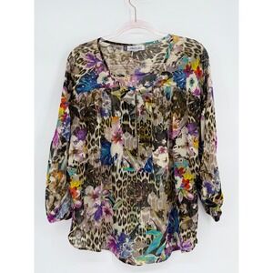Jennifer Lopez Womens 1X Floral Leopard Print 3/4 Sleeve Blouse Tunic Top